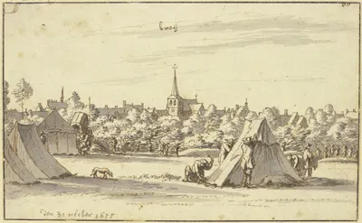 Vor einer Stadt schlagen Soldaten Zelte auf by Иосуа де Граве, 1675 — digital art print download
