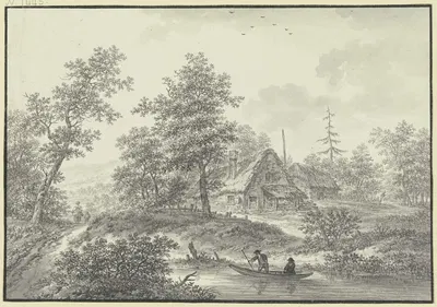 Eichenwald mit zwei Strohhütten, im Vordergrund ein Bach mit zwei Bauern in einem Boot by Карл Франц Крауль — digital art…