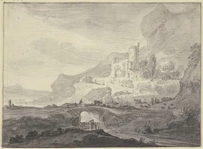 Rechts bei hohem Felsen eine Burg, vorne eine Brücke über einem Wasserfall by Ян Асселейн — digital art print download