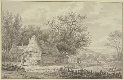 Bauernhaus unter Bäumen an einem Weg, der mit einem Zaun eingefasst ist by Jan Evert Grave — digital art print download