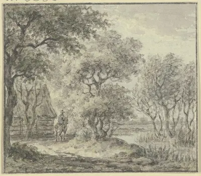 Waldpartie mit Wasser und einem Haus, dabei ein Reiter by Jan Evert Grave — digital art print download