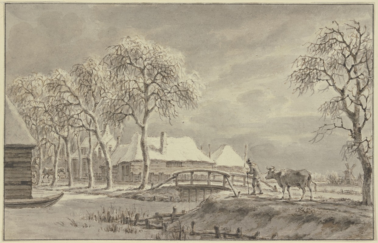 Winterlandschaft, über eine Brücke bei einem Dorf führt ein Bauer eine Kuh — Jan Evert Grave