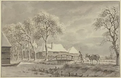 Winterlandschaft, über eine Brücke bei einem Dorf führt ein Bauer eine Kuh by Jan Evert Grave — digital art print download