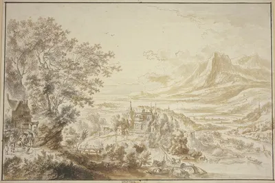 Ein Schloss an einem Fluss zwischen Bergen, links unter einer Baumgruppe ein Haus, dabei einige Figuren by Jan Griffier —…