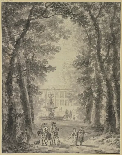 Parkanlage mit Schloß und Springbrunnen, vorne zwei Reiter und einige andere Figuren by Ян Хакаерт — digital art print…