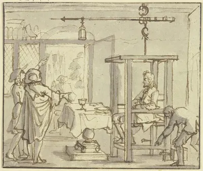 Zwei Ärzte lassen einen Mann nach dem Essen auf einer Waage wiegen by Jan Luyken, 1694 — digital art print download
