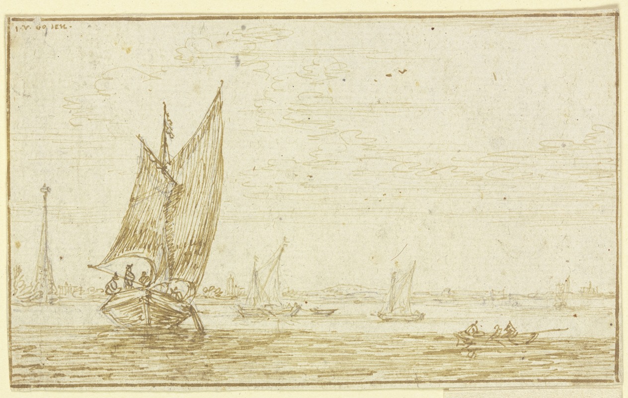 Marine, links segelt ein Boot, rechts ein Ruderboot by Ян ван Гойен — digital art print download
