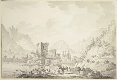Auf einer Insel in einem Fluß eine Ruine, von hohen Bergen umgeben, vorne ein Hirte mit einigem Vieh by Жан Жорж Тессье —…