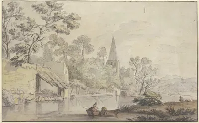 Kirchturm und einige Gebäude an einem Wasser, vorne zwei Frauen in einem Kahn by Jean-Baptiste Lallemand — digital art…