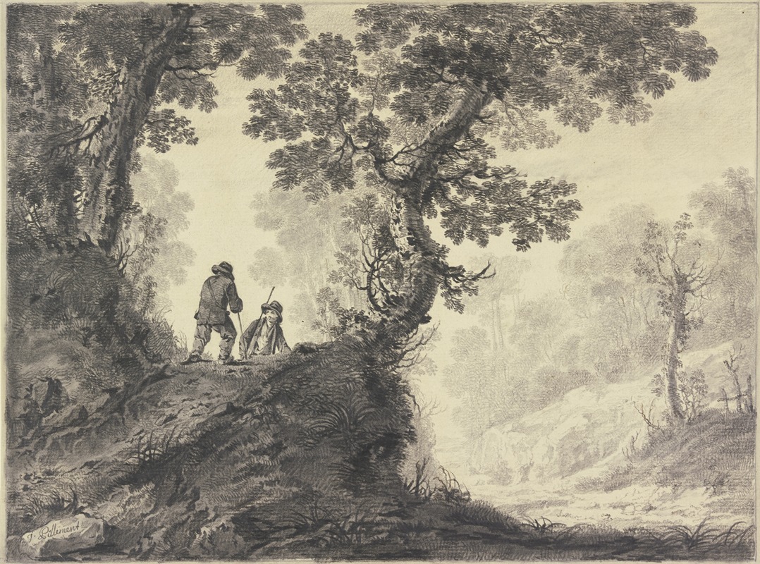 Waldlandschaft, links auf einer Anhöhe zwei Wanderer — Jean-Baptiste Pillement