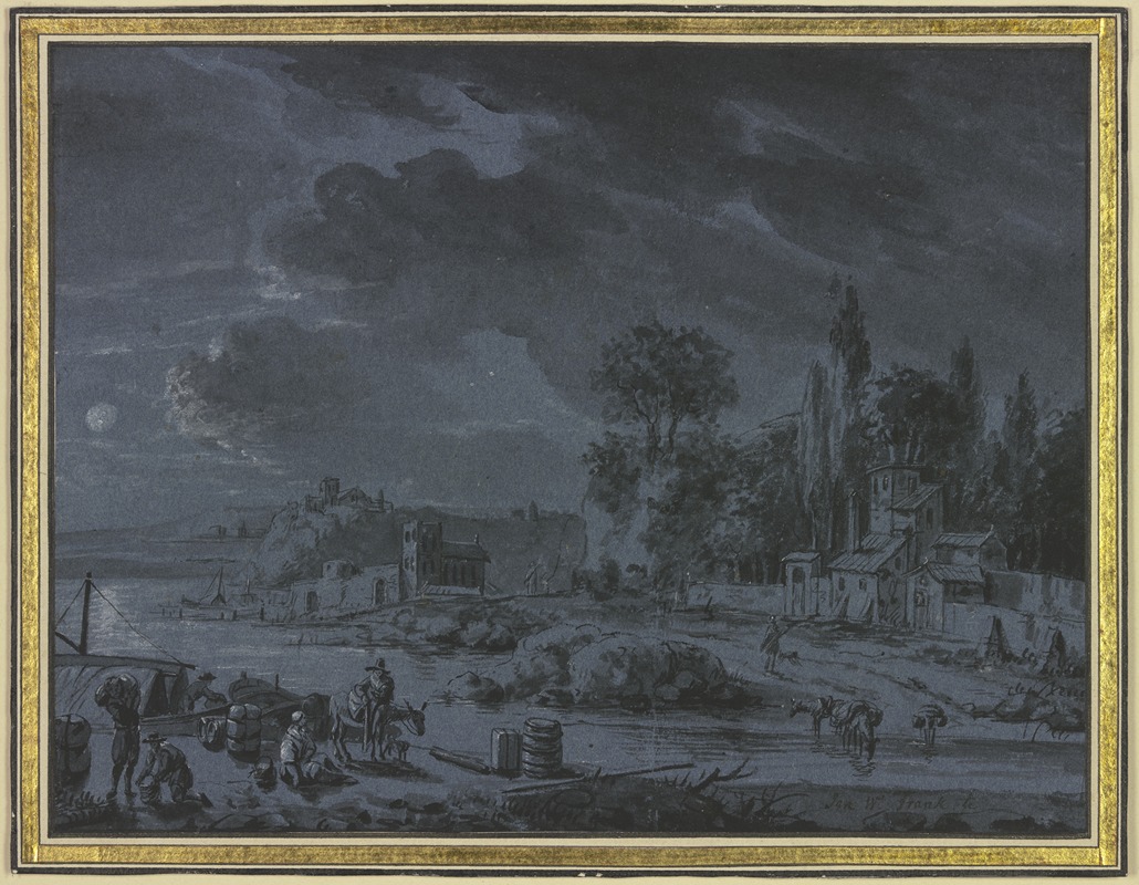 Flußufer mit Furt im Mondschein — Johan Willem Frank