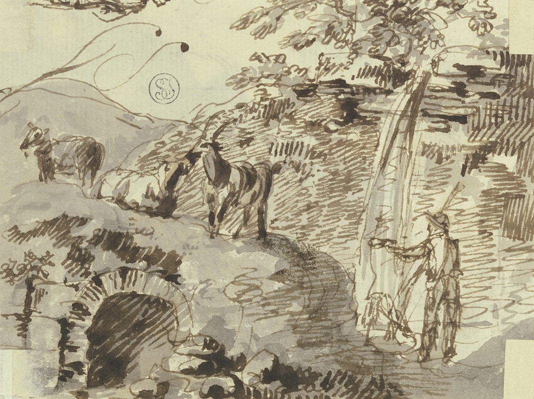Ein Hirte mit drei Ziegen, Wasser schöpfend — Johann Andreas Herrlein