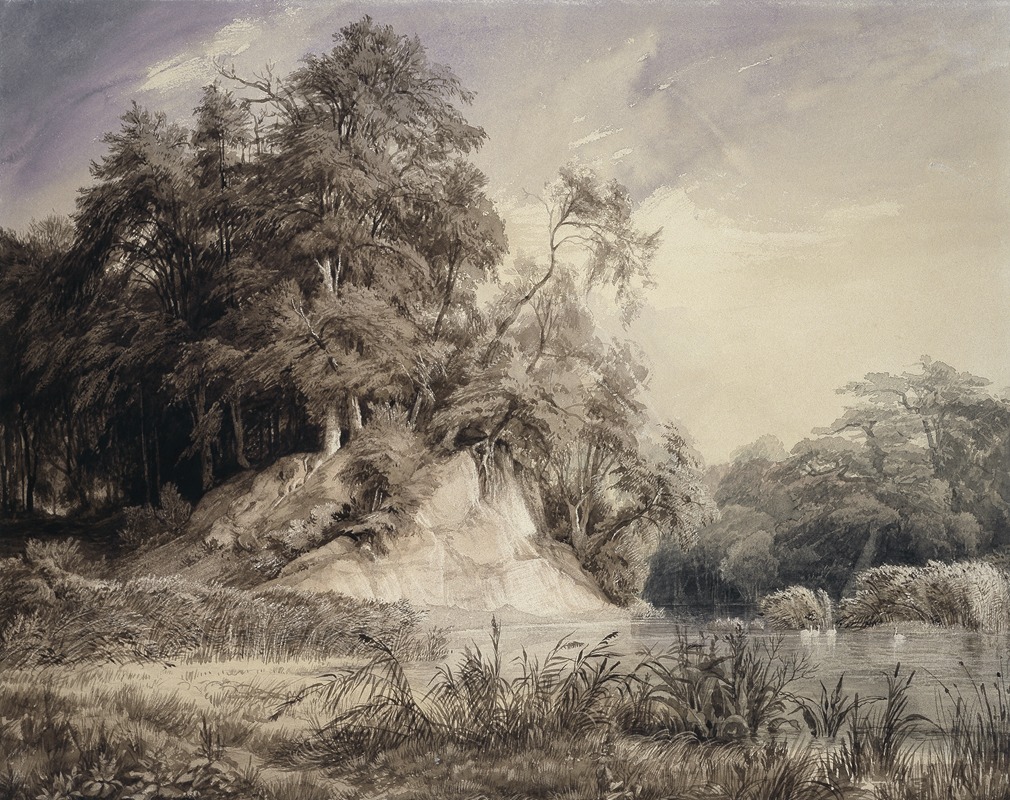 Forest Landscape with Lake and Swans — Johann Wilhelm Schirmer
