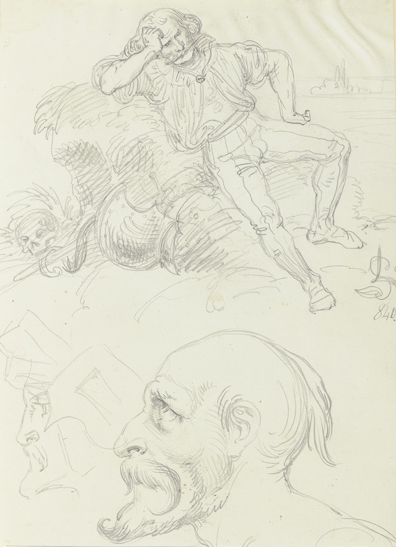 Studienblatt; grübelnder Mann und zwei Profilköpfe by Ludwig Michael Schwanthaler — digital art print download