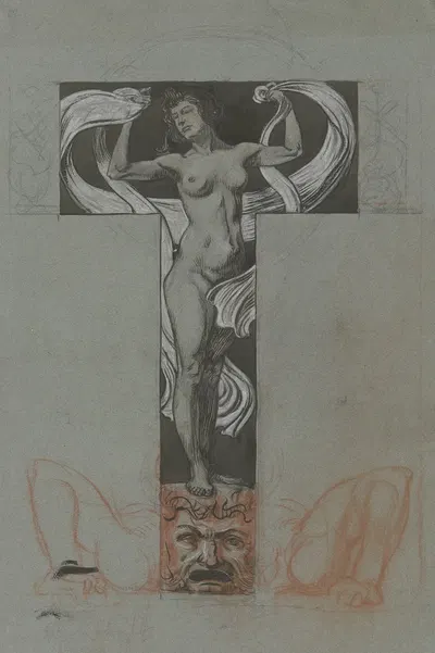 Stehender weiblicher Akt mit ornamentaler Draperie by Ludwig Raders — digital art print download