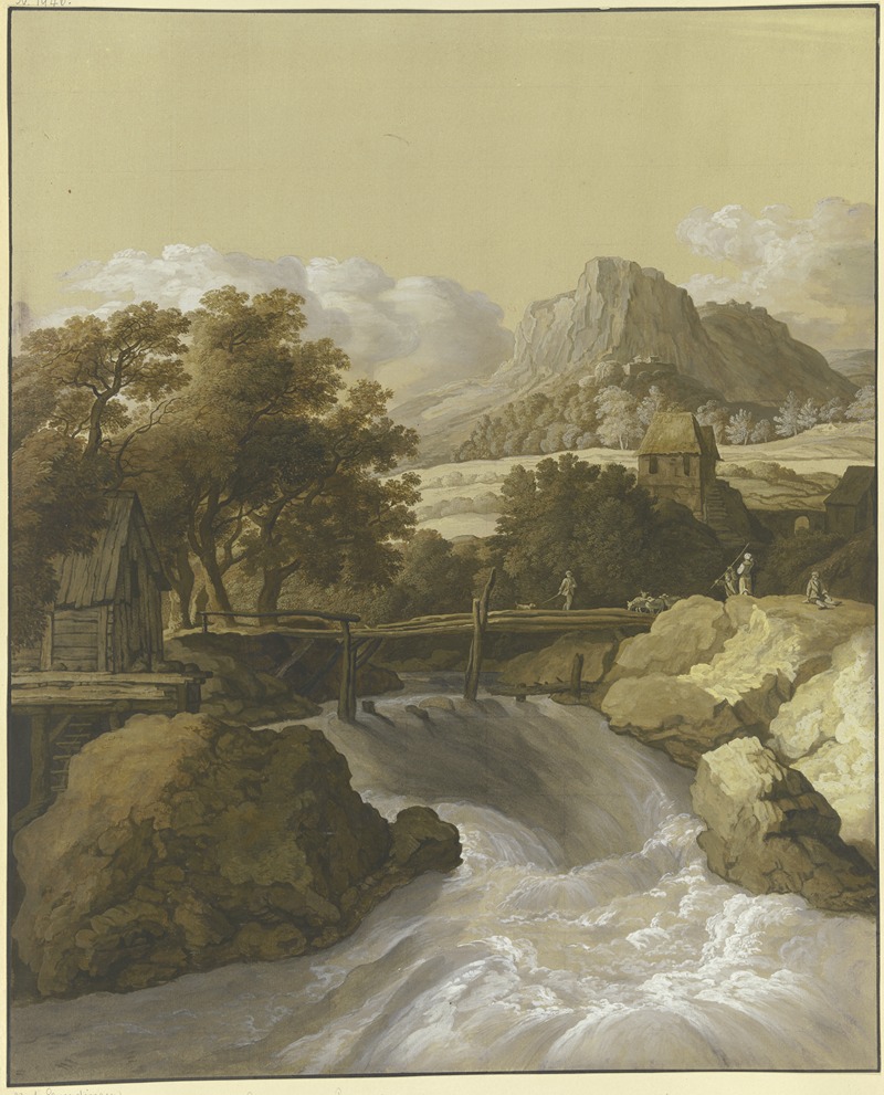 Ein reißender Bach mit einer Brücke und Blick in ein Tal by Maria Katharina Prestel — digital art print download
