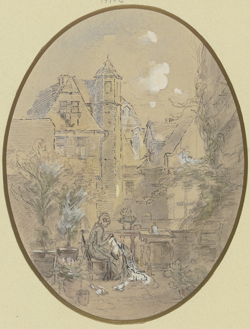 Frau auf einer Terrasse nähend — Minna Roberth