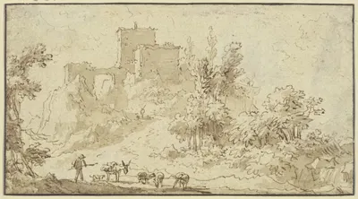 Burgruine, vorne ein Hirte mit Eseln und Schafen by Nicolaes Pietersz. Berchem — digital art print download