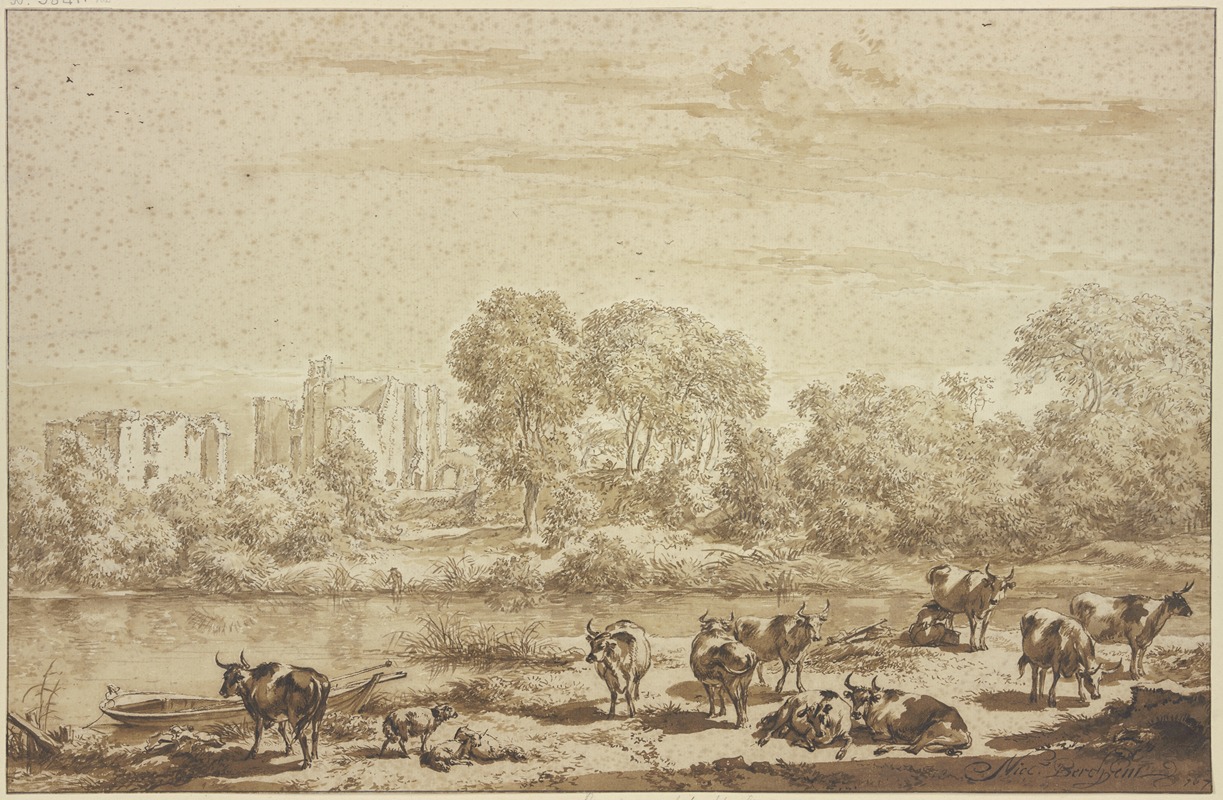 t'Huys te Brederode, vorn eine Kuhherde mit einer Melkerin by Николаес Питерсз. Берхем, 1667 — digital art print download