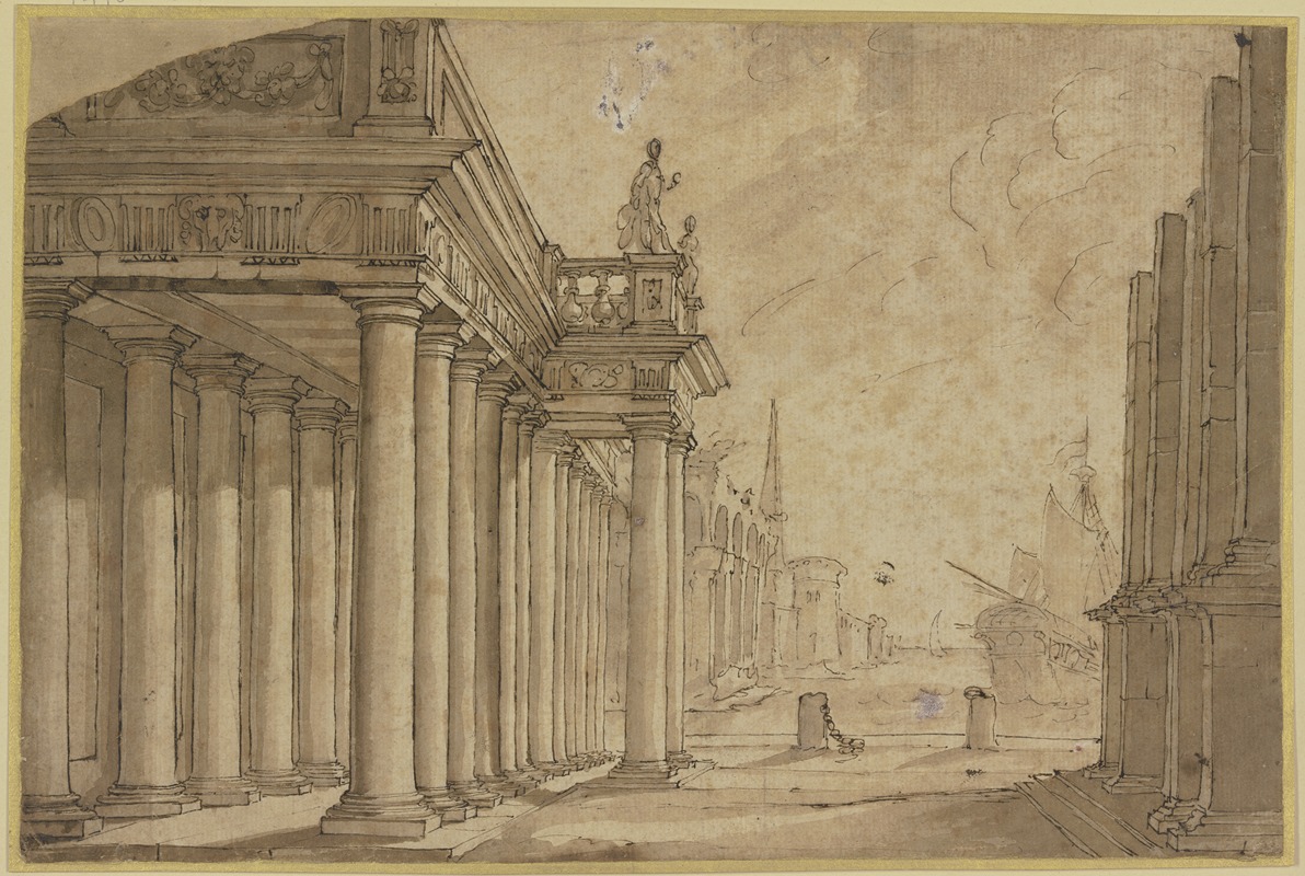 Seehafen, links eine Säulenhalle — Ottavio Viviani