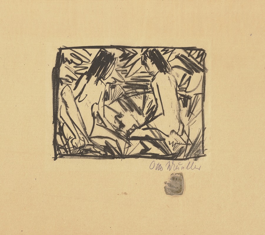 Ein sitzendes und ein kniendes Mädchen unter Blättern by Отто Мюллер, 1920 — digital art print download