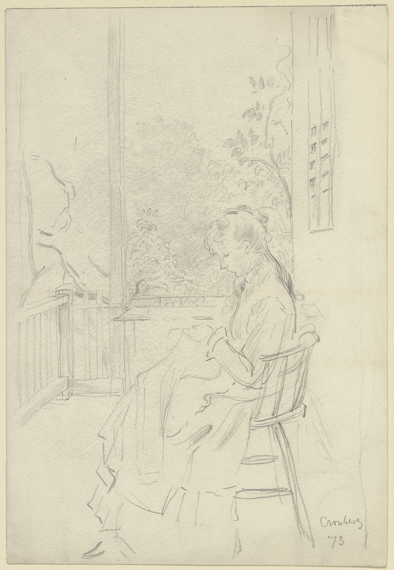 Dame auf einer Veranda, bei der Handarbeit by Отто Шольдерер, 1873 — digital art print download
