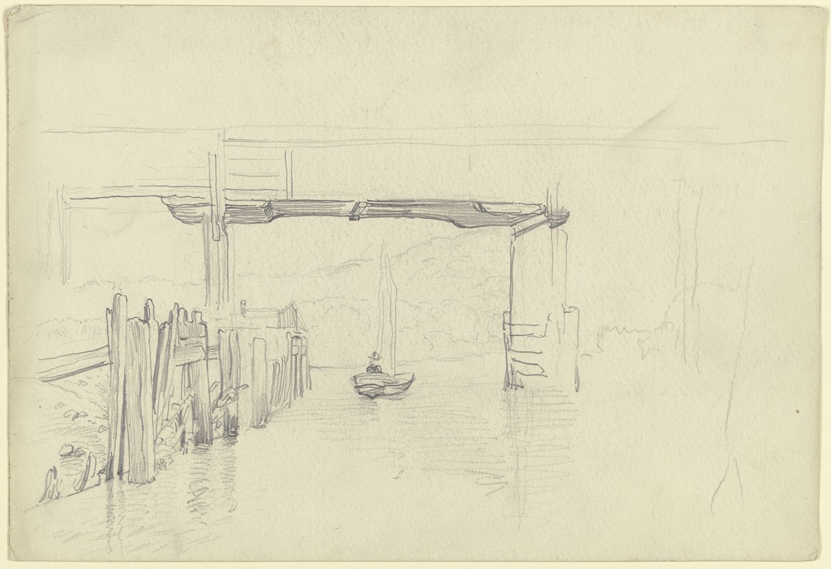 Fluss mit Brücke und Segelboot by Отто Шольдерер — digital art print download