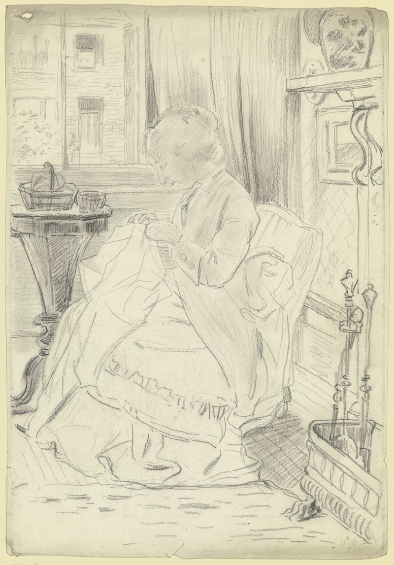 Luise Scholderer am Nähtisch, mit einer Handarbeit by Отто Шольдерер, 1871 — digital art print download