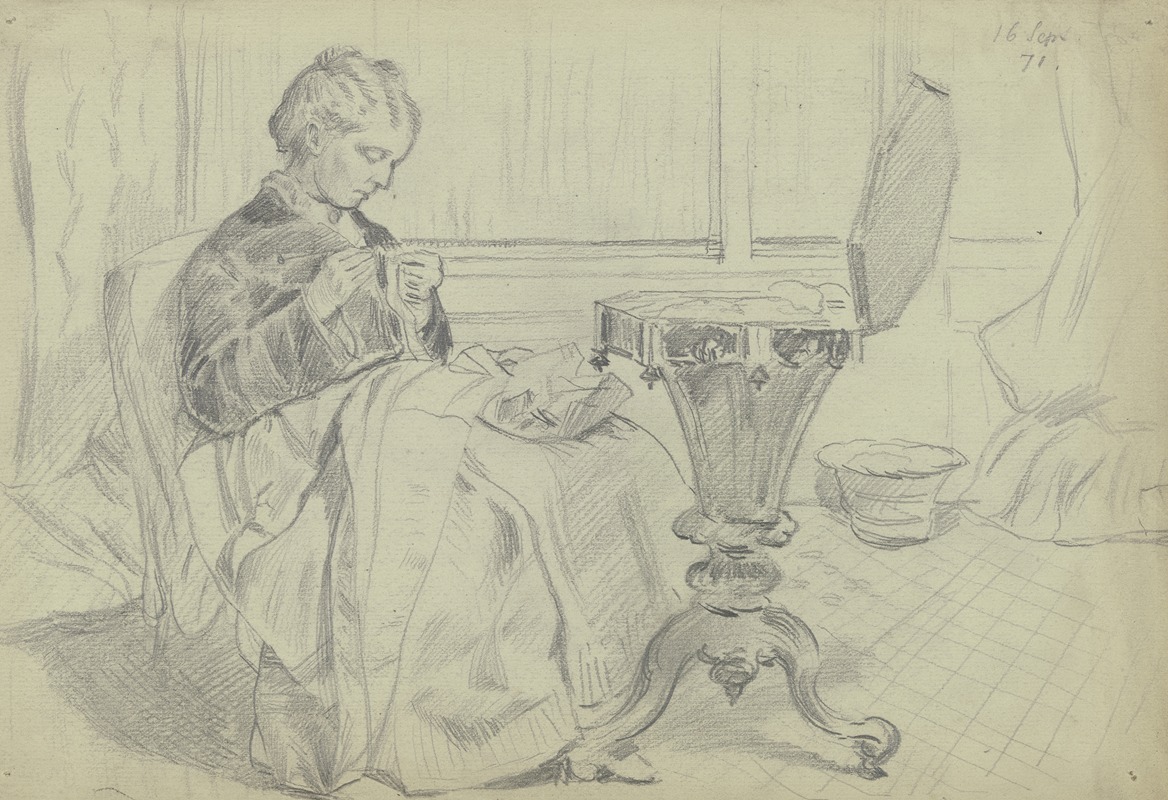 Luise Scholderer am Nähtisch, mit einer Handarbeit by Отто Шольдерер, 1871 — digital art print download