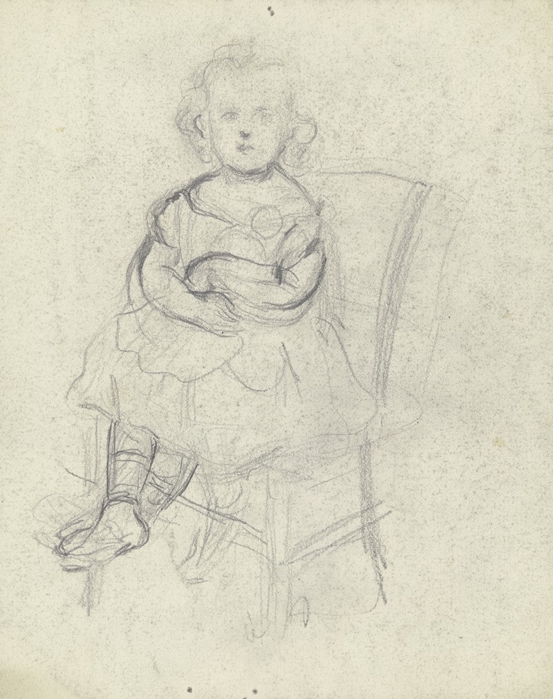 Mädchen mit Puppe auf einem Stuhl sitzend by Отто Шольдерер — digital art print download
