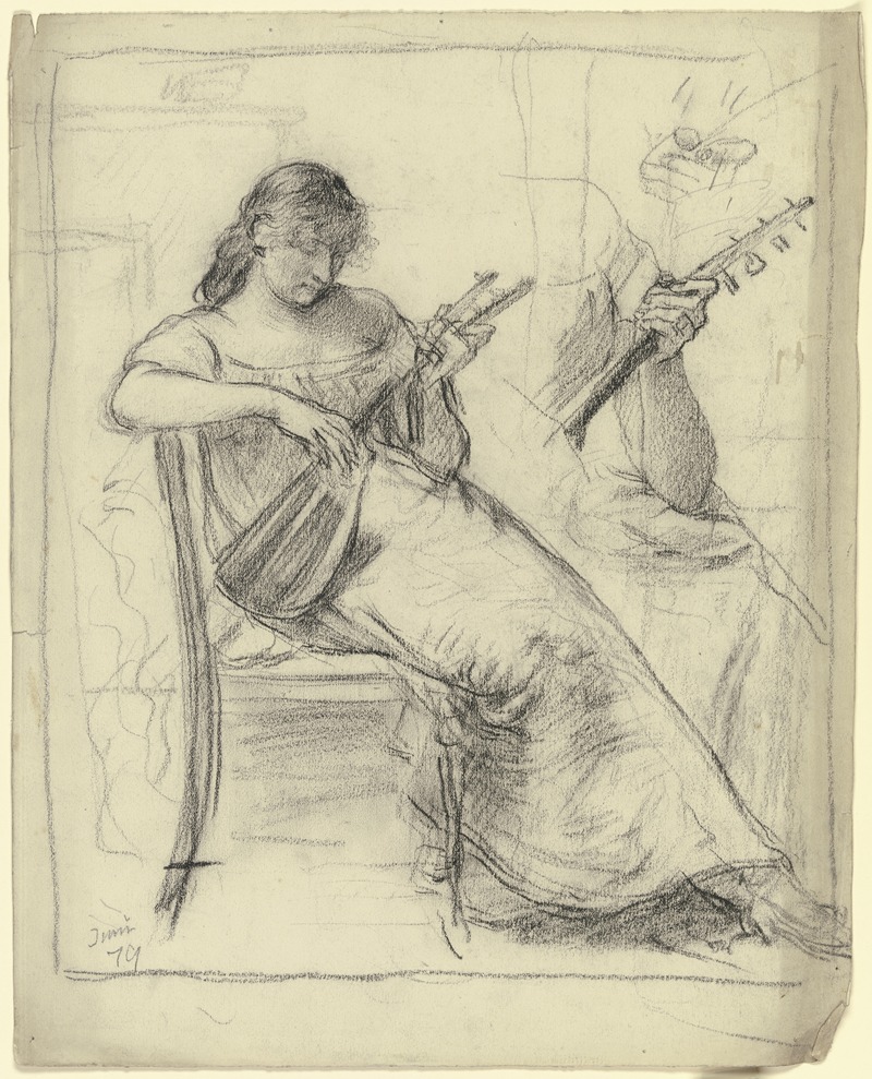 Sitzende junge Frau, Mandoline spielend — Otto Scholderer