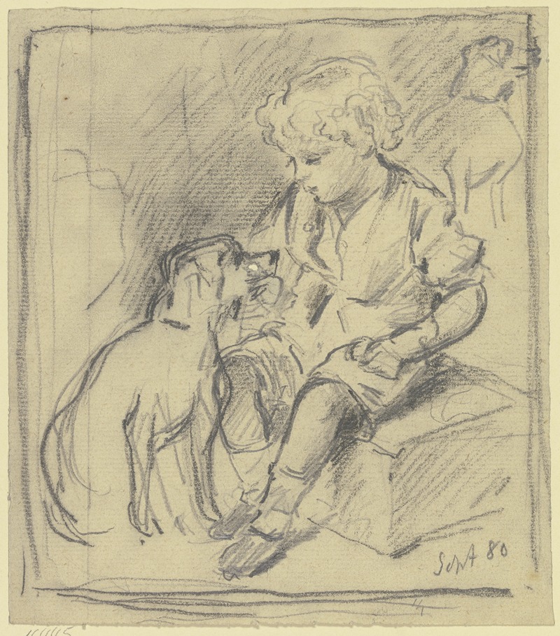 Sitzender Knabe mit sitzendem Hund by Отто Шольдерер, 1880 — digital art print download