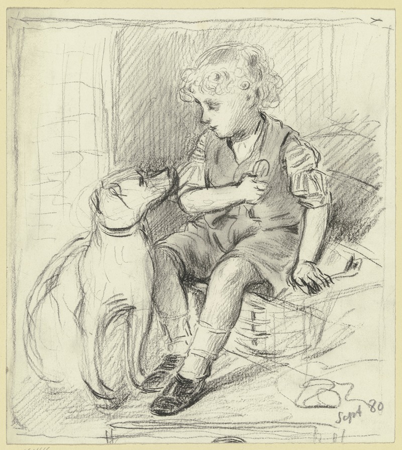 Sitzender Knabe mit sitzendem Hund by Отто Шольдерер, 1880 — digital art print download