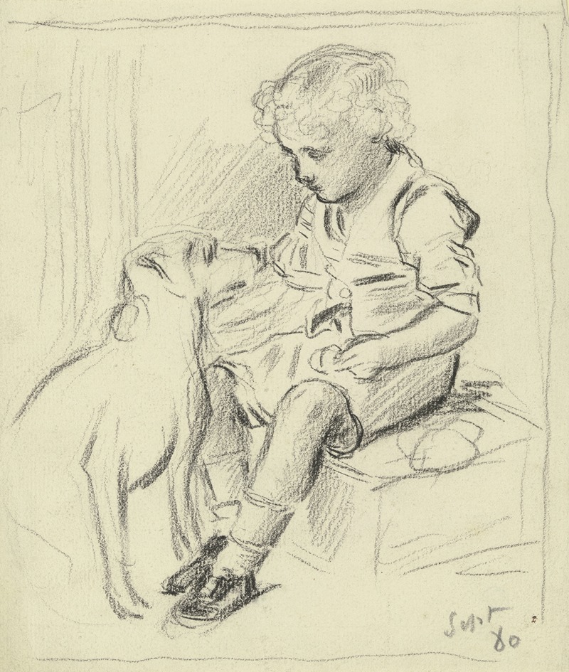 Sitzender Knabe mit sitzendem Hund by Отто Шольдерер, 1880 — digital art print download
