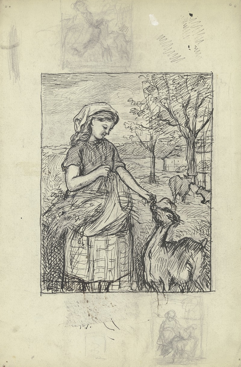 Stehendes Mädchen, eine Ziege fütternd by Otto Scholderer — digital art print download