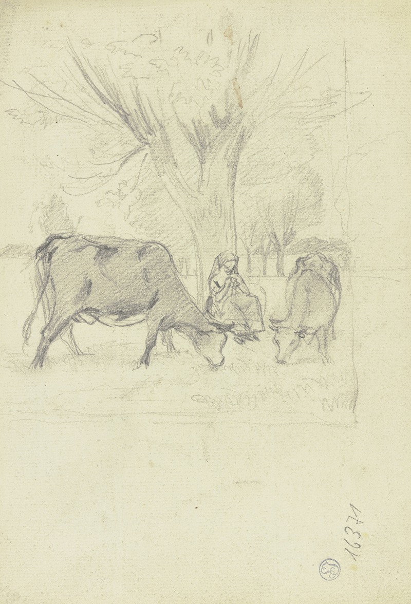 Weidende Kühe mit Bäuerin by Отто Шольдерер, 1867 — digital art print download