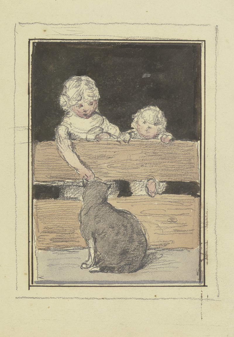 Zwei Kinder am Zaun mit einer Katze by Отто Шольдерер — digital art print download