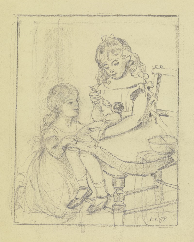 Zwei Kinder füttern eine Puppe by Отто Шольдерер, 1898 — digital art print download