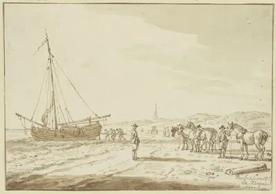 Meeresstrand, Pferde stehen bereit, ein Schiff auf das Land zu ziehen by Паулюс Константин ла Фарг — digital art print…