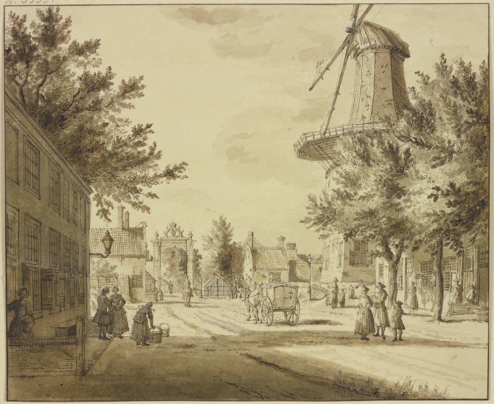 Straßenansicht bei einem Stadttor, rechts eine Windmühle by Паулюс Константин ла Фарг — digital art print download