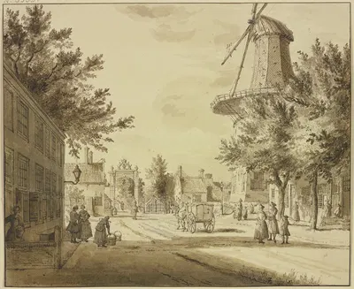 Straßenansicht bei einem Stadttor, rechts eine Windmühle by Паулюс Константин ла Фарг — digital art print download