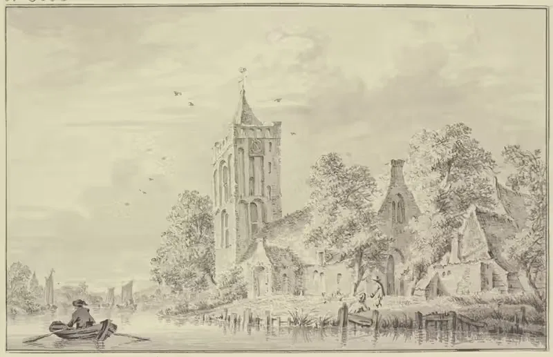 Dorfkirche am Wasser, links rudert ein Mann einen Kahn — Paulus van Liender
