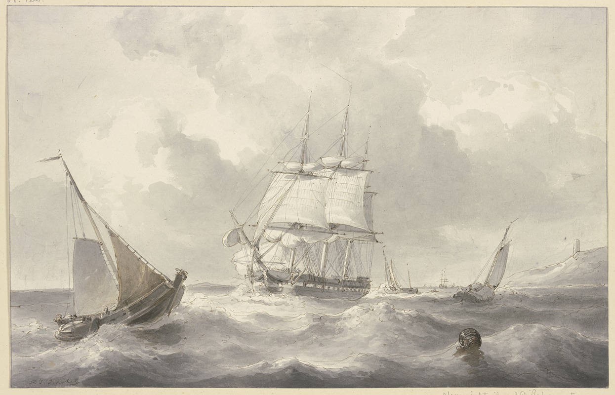 Bark in rough sea by Петрус Иоганнес Шотель, 1852 — digital art print download