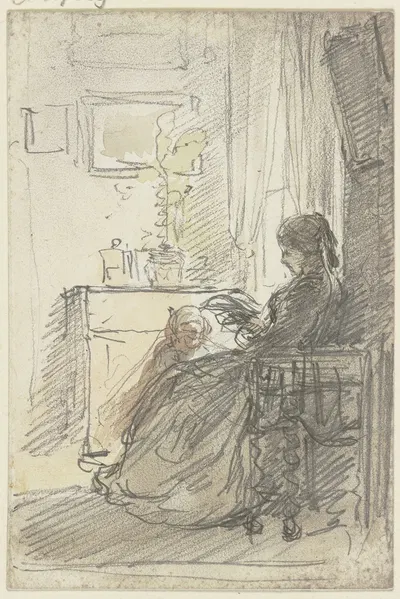 Frau mit einem Buch am Fenster sitzend by Philipp Rumpf — digital art print download