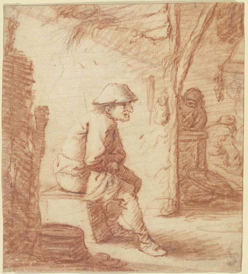 Sitzender Mann, Aussicht auf Küche mit zwei Figuren — Pieter Jansz. Quast