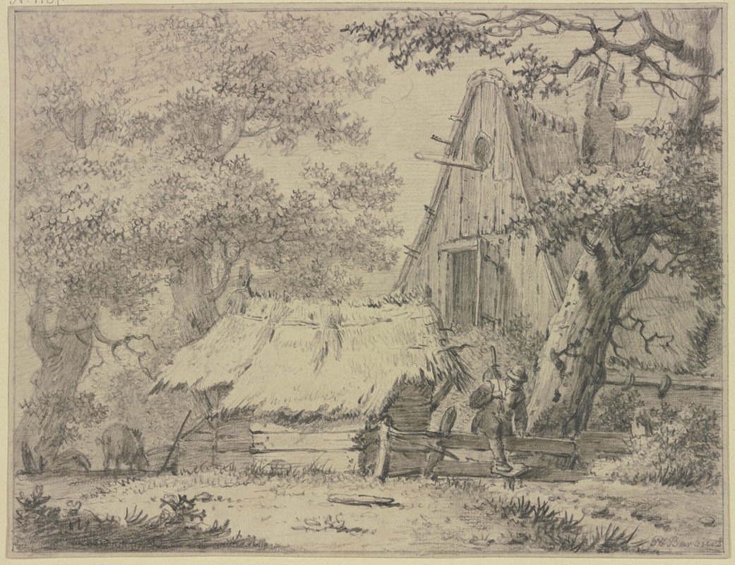 Ein Bauernhaus im Walde, ein Mann steigt über den Zaun — Pieter Pietersz. Barbiers