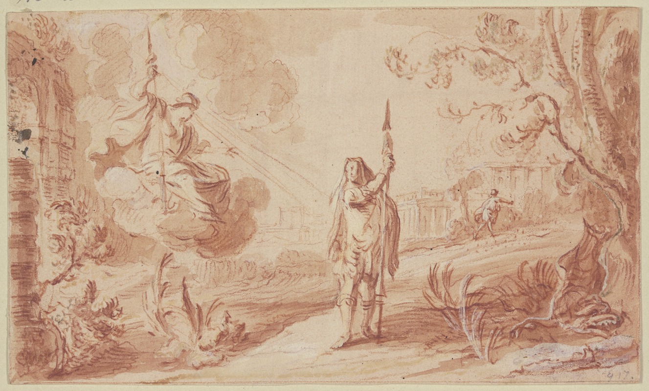 Ein Krieger vor einer Göttin auf Wolken by Pieter Tanjé — digital art print download