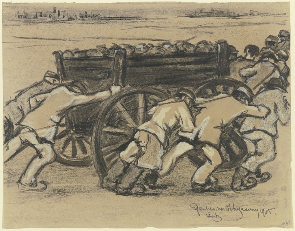 Arbeiter in Lodz schieben eine Karre by Reinhard Pfaehler von Othegraven, 1915 — digital art print download