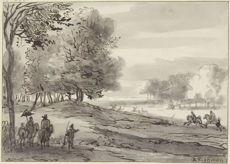 Landschaft mit einer Parforcejagd, links eine Dame zu Pferde mit einem Sonnenschirm — Roelant Roghman