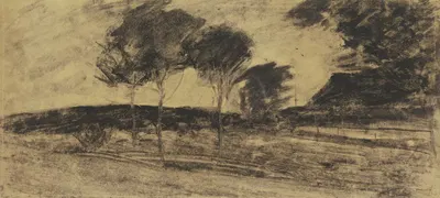 Landschaft, links kleiner Hügel, davor drei Bäume, rechts Haus by Сион Лонгли Уэнбан — digital art print download